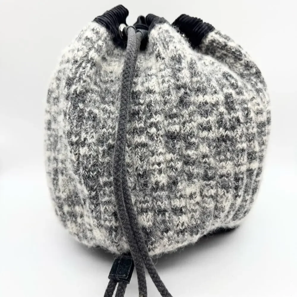 Y2K Artsy Boho‎ Hippie Knit Wool Drawstring Backpack Bag Grey/Black - Medium
